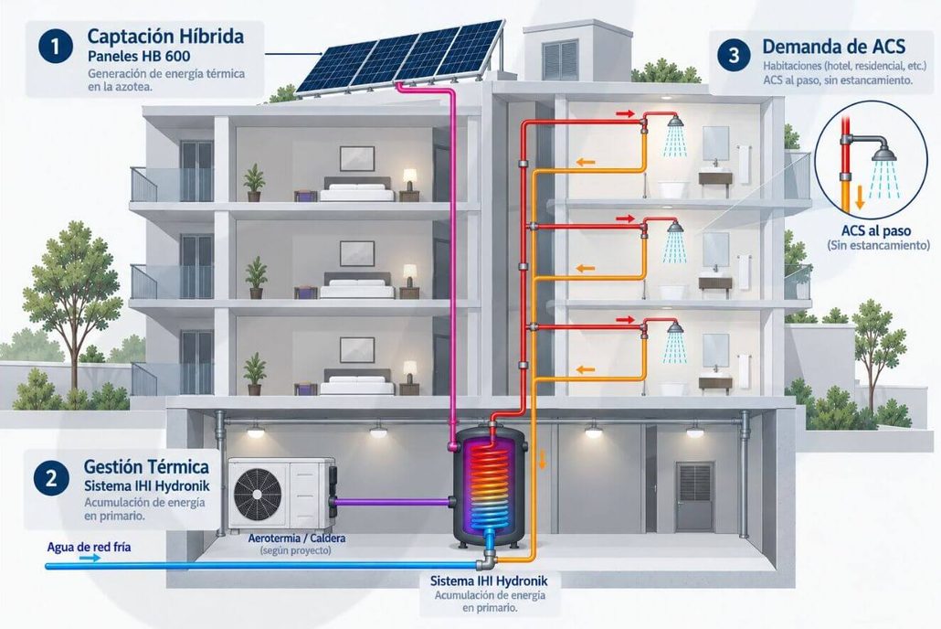 Diagrama de flujo de una instalación térmica eficiente que integra paneles solares híbridos de INAA en cubierta con el sistema de inercia y gestión térmica de Hydronik.