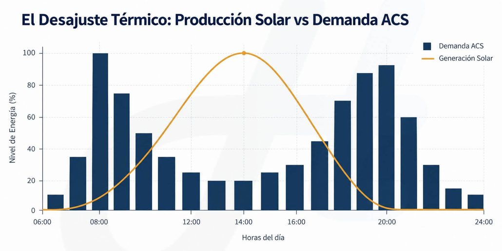 Gráfico que muestra el desajuste horario entre la curva de producción de energía solar y los picos de demanda de ACS en edificios del sector terciario.