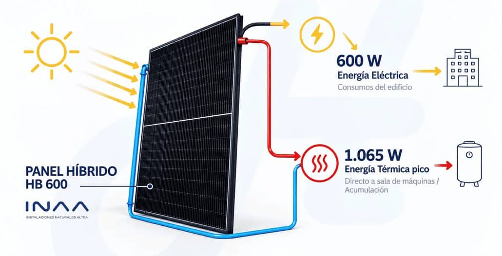 Esquema técnico del panel solar híbrido PVT HB 600 de INAA, ilustrando la generación simultánea de energía térmica y eléctrica desde una misma superficie.