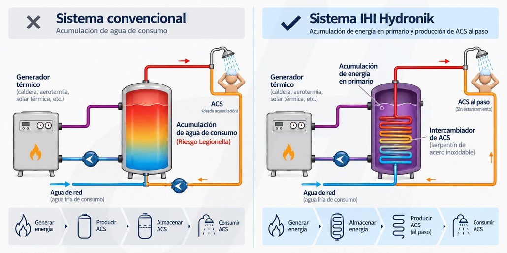 Diagrama comparativo entre un sistema tradicional de acumulación de agua caliente y el Sistema IHI de Hydronik para la producción semi-instantánea de ACS sin riesgo de Legionella.