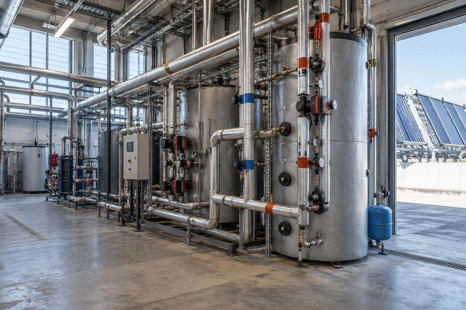 Sala de máquinas industrial con depósitos de inercia y paneles solares híbridos para producción de ACS.